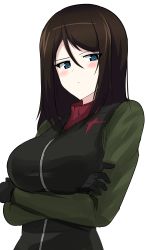 Rule 34 | 1girl, absurdres, aikir (jml5160), black gloves, black hair, black vest, blue eyes, blush, commentary, crossed arms, frown, girls und panzer, glaring, gloves, green jacket, grimace, half-closed eyes, highres, insignia, jacket, long hair, long sleeves, looking at viewer, military, military uniform, nonna (girls und panzer), pravda military uniform, red shirt, shirt, simple background, skirt, solo, swept bangs, turtleneck, uniform, upper body, vest, white background