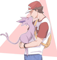 Rule 34 | 1boy, backpack, bag, baseball cap, brown hair, closed eyes, closed mouth, commentary request, creatures (company), espeon, from side, game freak, gen 2 pokemon, grey pants, hat, male focus, nintendo, outline, pants, pink background, pokemon, pokemon (creature), pokemon sm, red (pokemon), red headwear, shirt, short hair, short sleeves, smile, t-shirt, white shirt, yellow bag, yuusya27