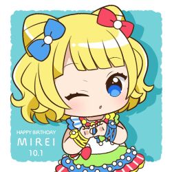 Rule 34 | 1girl, blonde hair, blue background, blue bow, blue eyes, blunt bangs, border, bow, character name, chibi, chii (chi pppuri), commentary request, cone hair bun, cowboy shot, double bun, dress, drop shadow, hair bow, hair bun, hands up, happy birthday, heart, heart hands, idol clothes, looking at viewer, minami mirei, multicolored clothes, multicolored dress, one eye closed, open mouth, outside border, pretty series, pripara, red bow, short hair, smile, solo, standing, white border
