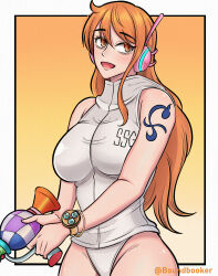 Rule 34 | boundbooker, breasts, highres, large breasts, leotard, long hair, nami (one piece), nami (one piece) (egghead), one piece, orange hair, solo, white leotard