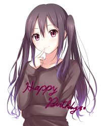 Rule 34 | 1girl, black hair, blush, collarbone, english text, finger to mouth, happy birthday, k-on!, long hair, looking at viewer, nakano azusa, pink eyes, smile, solo, transparent background, twintails, upper body, white background, yuki (sangeki5806)
