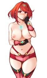 Rule 34 | 1girl, absurdres, arm under breasts, black gloves, blush, breasts, chest jewel, collarbone, core crystal (xenoblade), cowboy shot, crossed legs, dangle earrings, earrings, fingerless gloves, gem, gloves, groin, hand on own cheek, hand on own face, hand up, headpiece, highres, jewelry, large breasts, light smile, looking at viewer, navel, nipples, nose blush, pyra (xenoblade), red eyes, red hair, red shorts, red thighhighs, short hair, short shorts, shorts, solo, swept bangs, thighhighs, topless, tridisart, white background, xenoblade chronicles (series), xenoblade chronicles 2