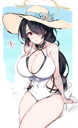Rule 34 | 1girl, ?, bikini, black bikini, black choker, black hair, blue archive, blush, braid, braided ponytail, breasts, choker, cleavage, clothing cutout, commentary, criss-cross halter, double bikini, flower, hair over one eye, halo, halterneck, hat, hat flower, highres, hinata (blue archive), hinata (swimsuit) (blue archive), large breasts, long braid, looking at viewer, mini2chainz, official alternate costume, one-piece swimsuit, one eye covered, open mouth, red eyes, side cutout, solo, spoken question mark, sun hat, swimsuit, thighs, white background, white flower, white one-piece swimsuit, yellow halo, yellow hat