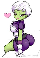 Rule 34 | 1girl, absurdres, ass, bodysuit, breasts, cheelai, colored skin, dragon ball, dragon ball super, dragon ball super broly, gloves, green skin, heart, highres, looking at viewer, medium breasts, open mouth, pink eyes, purple bodysuit, short hair, simmsy, simple background, solo, white background, white gloves, white hair