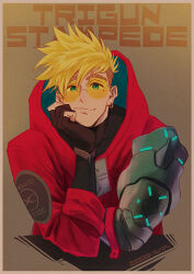 Rule 34 | 1boy, blonde hair, blue eyes, border, brown background, coat, crossed arms, earrings, glasses, gloves, hand on own cheek, hand on own face, hood, jewelry, long coat, male focus, mole, mole under eye, prosthesis, prosthetic arm, short hair, simple background, single earring, sitting, smile, solo, sorashiro (sky x space), sunglasses, thick eyebrows, trigun, trigun stampede, undercut, upper body, vash the stampede, white border