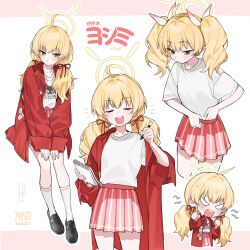Rule 34 | 1girl, adjusting shirt, ahoge, black footwear, blank eyes, blonde hair, blue archive, blush, brown eyes, character name, check translation, chibi, chibi inset, coat, commentary, emphasis lines, glaring, hair ribbon, halo, highres, holding, holding marker, holding notebook, loafers, long hair, low twintails, marker, multiple views, notebook, notice lines, official alternate costume, open clothes, open coat, pink skirt, pleated skirt, red coat, red ribbon, ribbon, shirt, shirt tucked in, shoes, sirin (sirin 8 8), skirt, socks, sweat, t-shirt, translation request, tsundere, twintails, v-shaped eyes, white shirt, white socks, yoshimi (band) (blue archive), yoshimi (blue archive)