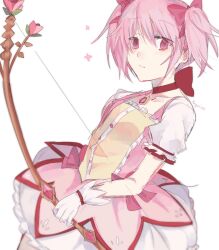 Rule 34 | 1girl, artist name, axy cang, blurry, bow, bow (weapon), choker, depth of field, dress, dress bow, dutch angle, frilled dress, frills, gloves, hair bow, highres, holding, holding bow (weapon), holding weapon, kaname madoka, kaname madoka (magical girl), looking afar, mahou shoujo madoka magica, mahou shoujo madoka magica (anime), parted lips, pink bow, pink dress, pink eyes, pink hair, puffy short sleeves, puffy sleeves, red choker, short sleeves, short twintails, simple background, solo, soul gem, standing, twintails, two-tone dress, weapon, white background, white dress, white gloves