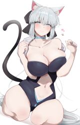 Rule 34 | 1girl, absurdres, animal ears, black bow, black leotard, blue eyes, blush, bow, braid, breasts, cat ears, cat tail, choker, cleavage, fate/grand order, fate (series), grey hair, hair bow, half updo, highres, large breasts, leotard, long hair, looking at viewer, masini-mashini615, morgan le fay (fate), ponytail, seiza, sidelocks, sitting, solo, tail, thighs, very long hair