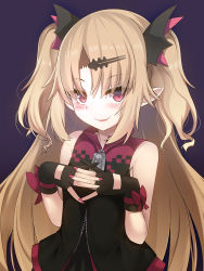 Rule 34 | 1girl, akatsuki uni, bad id, bad pixiv id, black dress, black gloves, blonde hair, blush, dress, eyes visible through hair, fang, fang out, gloves, gradient background, hair ornament, hairclip, high collar, highres, long hair, looking at viewer, nail polish, okuri banto, own hands together, parted bangs, partially fingerless gloves, pointy ears, red eyes, sleeveless, sleeveless dress, smile, solo, two side up, uni create, virtual youtuber
