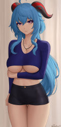 Rule 34 | 1girl, absurdres, ahoge, black shorts, blue hair, blue shirt, blush, breasts, cleavage, collarbone, crop top, ganyu (genshin impact), genshin impact, highres, horns, jewelry, large breasts, long hair, long sleeves, looking at viewer, necklace, purple eyes, shirt, short shorts, shorts, sidelocks, smile, solo, thighs, underboob, zaphn