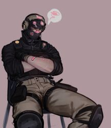 Rule 34 | 1boy, annoyed, balaclava, black eyes, black gloves, black jacket, brown pants, bulletproof vest, chair, colored skin, cowboy shot, crossed arms, flower sticker, gloves, headphones, heart stickers, high collar, highres, holster, jacket, jispooks, knee guards, long sleeves, male focus, on chair, original, pants, partially blind, pink background, scar, scar across eye, scar on arm, simple background, sitting, sleeves rolled up, soldier, speech bubble, sticker, sticker on arm, sticker on face, sticker on shoulder, thigh holster, toned, toned male, turtleneck, turtleneck jacket, white skin