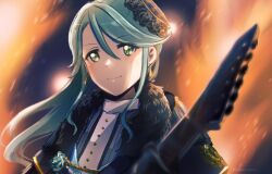 Rule 34 | 1girl, aqua hair, bang dream!, blue jacket, blurry, blurry background, earrings, green eyes, guitar, highres, hikawa sayo, holding, holding guitar, holding instrument, idol clothes, instrument, jacket, jewelry, long hair, looking at viewer, portrait, signature, smile, xin (blueramen)