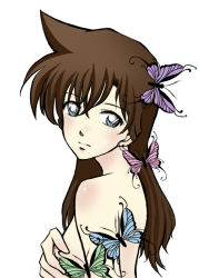 Rule 34 | 1girl, bad id, bad pixiv id, breast hold, breasts, brown hair, bug, butterfly, covering privates, covering breasts, from side, insect, kinoshita tsubasa, long hair, meitantei conan, mouri ran, simple background, solo, topless
