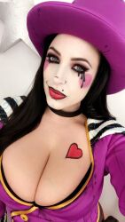 Rule 34 | 1girl, angela white, borderlands (series), breasts, cleavage, cosplay, cosplay photo, hat, highres, large breasts, mad moxxi, makeup, mascara, photo (medium), pornstar, real life, red lips, solo