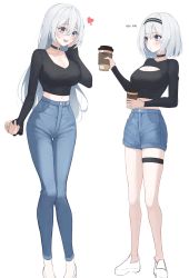 Rule 34 | 2girls, 2gong (9ujin ), :d, absurdres, black choker, black shirt, blue eyes, blue pants, blue shorts, breasts, choker, cleavage, cleavage cutout, clothing cutout, collarbone, crop top, cup, denim, denim shorts, disposable cup, full body, hairband, heart, high-waist pants, high-waist shorts, highres, holding, jeans, large breasts, long hair, long sleeves, looking at another, medium breasts, midriff, mole, mole under eye, multiple girls, navel, open mouth, original, pants, parted lips, shirt, shoes, short hair, short shorts, shorts, smile, standing, stomach, thigh strap, thighs, white hair
