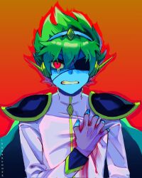 Rule 34 | 1boy, blood, blood on clothes, blue skin, captain spaceboy, clenched teeth, colored sclera, colored skin, eyepatch, green hair, highres, idawnrunner, long sleeves, looking at viewer, male focus, omori, parted lips, red eyes, short hair, solo, teardrop, teeth, upper teeth only, yellow sclera