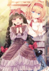 Rule 34 | 2girls, alice margatroid, black hair, blonde hair, blue dress, blue eyes, blush, bookshelf, bow, bowtie, braid, breasts, brown corset, brown dress, capelet, corset, cowboy shot, dress, frilled capelet, frilled dress, frilled hairband, frills, grey dress, hair bow, hairband, hands on another&#039;s shoulders, hands up, highres, kemo chiharu, long earlobes, long hair, looking at viewer, medium breasts, multiple girls, open mouth, red bow, red bowtie, red eyes, red hairband, short hair, signature, smile, touhou, twin braids, two-tone dress, white capelet, yatadera narumi