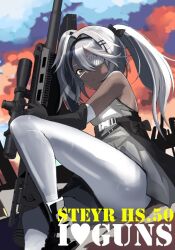 Rule 34 | 1girl, anti-materiel rifle, bolt action, brown eyes, character name, dark-skinned female, dark skin, english text, eyepatch, girls&#039; frontline, gun, high-waist pantyhose, hs.50 (girls&#039; frontline), pantyhose, rifle, sniper rifle, solo, steyr hs .50, twintails, weapon, weapon name, white hair, white pantyhose, yumenotsuzuki