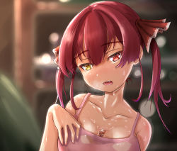 Rule 34 | 1girl, arm up, blurry, blurry background, blush, breasts, breath, cleavage, collarbone, fingernails, hair ornament, hand on own chest, head tilt, heterochromia, highres, hololive, houshou marine, open mouth, pink tank top, red hair, solo, sweat, tank top, twintails, type-80, very sweaty, virtual youtuber, wet