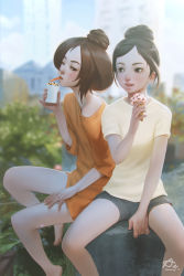 Rule 34 | 2girls, akekarat sumatchaya, black hair, blurry, blurry background, brown hair, commentary, cup, day, food, hair bun, ice cream, ice cream cone, lips, multiple girls, nose, off shoulder, orange shirt, original, outdoors, oversized clothes, oversized shirt, parted bangs, shirt, short hair, side-by-side, single hair bun, sitting, sky, spoon, teeth, utensil in mouth, waffle cone, webang111, yellow shirt