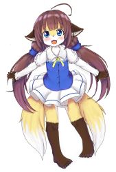 Rule 34 | :d, ahoge, animal ear fluff, animal ears, barefoot, blue dress, blue eyes, body fur, brown hair, child, dress, fangs, furrification, furry, furry female, hair ornament, hair scrunchie, happy, highres, hinatsuru ai, layered sleeves, long hair, long sleeves, looking at viewer, mcsadat, multiple tails, open mouth, puffy short sleeves, puffy sleeves, ribbon, ryuuou no oshigoto!, scrunchie, short over long sleeves, short sleeves, skirt, smile, solo, tail, twintails, two tails, white fur, yellow fur
