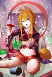 Rule 34 | 1girl, 2018, absurdres, animal ears, bare legs, blue eyes, blush, bottle, chinese zodiac, collarbone, commentary request, dog ears, dog girl, dog tail, eyes visible through hair, floral print, hair between eyes, half-closed eyes, highres, holding, japanese clothes, kimono, light brown hair, long hair, long sleeves, looking at viewer, momo (higanbana and girl), multicolored clothes, multicolored kimono, navel, new year, open mouth, original, pattern request, print kimono, sake bottle, seigaiha, sitting, solo, stomach, tail, unmoving pattern, wide sleeves, year of the dog