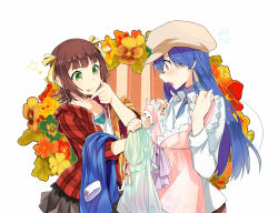 Rule 34 | 2girls, :q, amami haruka, bad id, bad pixiv id, blue hair, blush, brown hair, cabbie hat, clothes in front, cotoro56, covering privates, floral background, flower, flying sweatdrops, green eyes, hair ribbon, hand on own chin, hat, idolmaster, idolmaster (classic), jacket, kisaragi chihaya, long hair, multiple girls, open mouth, plaid, ribbon, shirt, short hair, skirt, sleeves rolled up, star (symbol), striped, striped background, tongue, tongue out, turtleneck, vertical stripes, white background, yellow eyes