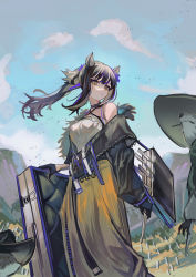 Rule 34 | 1girl, absurdres, animal, animal ears, arknights, bare shoulders, black jacket, blue sky, breasts, brown hair, cloud, cloudy sky, cowboy hat, criss-cross halter, feet out of frame, grey hair, halterneck, hat, highres, holding, holding knife, jacket, knife, long hair, looking at viewer, multicolored hair, natsuba002, official alternate costume, open clothes, open jacket, outdoors, ponytail, purple hair, raccoon, raccoon ears, raccoon girl, robin (arknights), robin (gift of wild) (arknights), shirt, sidelocks, skirt, sky, sleeveless, sleeveless shirt, small breasts, solo, standing, streaked hair, white shirt, yellow eyes, yellow skirt