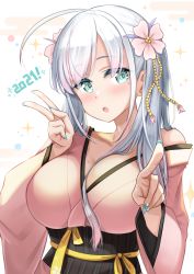 Rule 34 | 1girl, 2021, ahoge, aqua eyes, aqua nails, bare shoulders, blush, breasts, cleavage, commentary request, fingernails, flower, hair flower, hair ornament, highres, japanese clothes, kibihimi, kimono, large breasts, long hair, looking at viewer, mole, mole on breast, mole under eye, nail polish, obi, off shoulder, open mouth, original, pink kimono, sash, silver hair, solo, v, wide sleeves