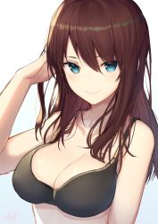 Rule 34 | 1girl, 2017, a.t. zero, artist name, bad id, bad twitter id, bare arms, bare shoulders, bikini, bikini top only, black bikini, breasts, brown hair, cleavage, closed mouth, collarbone, dated, gradient background, hair between eyes, hand in own hair, highres, large breasts, long hair, looking at viewer, original, pink lips, signature, solo, swimsuit, upper body
