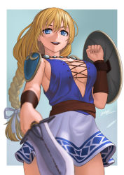 Rule 34 | 1girl, :d, belt, blonde hair, blue eyes, blurry, bracer, braid, breasts, cleavage, cowboy shot, cross-laced clothes, dated, depth of field, female focus, foreshortening, hair between eyes, holding, holding shield, holding sword, holding weapon, large breasts, lasterk, long hair, looking at viewer, miniskirt, namco, no bra, open mouth, round teeth, shield, sideboob, signature, single braid, skirt, smile, solo, sophitia alexandra, soul calibur, soulcalibur, soulcalibur ii, standing, sword, teeth, weapon, white skirt, wristband