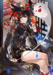 Rule 34 | 1girl, black coat, black hat, black shorts, blush, boo tao (genshin impact), breasts, brown hair, coat, coattails, crossed legs, flower, genshin impact, ghost, grin, hat, hat flower, highres, hu tao (genshin impact), long hair, long sleeves, looking at viewer, plum blossoms, red eyes, shorts, sitting, small breasts, smile, solo, soraneko hino, symbol-shaped pupils, thighs, twintails, very long hair
