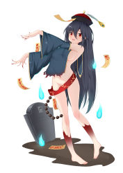 Rule 34 | 1girl, absurdres, azur lane, bad id, bad pixiv id, barefoot, beads, black hair, breasts, catnnn, convenient censoring, detached sleeves, feathers, fingernails, hat, highres, hitodama, jiangshi, large breasts, long fingernails, long hair, nude, outstretched arms, red eyes, ribbon, sideboob, taihou (azur lane), talisman, tombstone, zombie pose