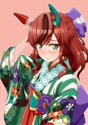 Rule 34 | 1girl, animal ears, arm behind head, breasts, brown eyes, closed mouth, floral print, flower, green eyes, hair between eyes, hair ornament, hige (com), highres, horse ears, horse girl, japanese clothes, kimono, long sleeves, looking at viewer, medium breasts, multicolored hair, nice nature (converging wishes) (umamusume), nice nature (new year) (umamusume), nice nature (umamusume), official alternate costume, official alternate hairstyle, pink background, portrait, red hair, simple background, solo, two-tone hair, umamusume, upper body