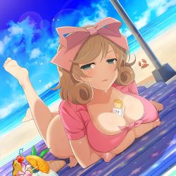 Rule 34 | 1girl, ass, bare legs, barefoot, beach, between breasts, cleavage cutout, bottomless, breast press, breasts, cleavage, curly hair, feet, green eyes, hair ribbon, haruka (senran kagura), large breasts, legs, legs up, light brown hair, looking at viewer, lying, lying on ground, nipple slip, nipples, no bra, nude filter, on stomach, open mouth, presenting, ribbon, sand, senran kagura, sexually suggestive, shirt, short hair, solo, sweat, thick thighs, thighs, third-party edit, tropical drink, water