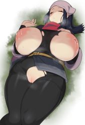 Rule 34 | 1girl, akari (pokemon), alternate breast size, black hair, bodysuit, bodysuit under clothes, breasts, chamchami, cleft of venus, closed eyes, creatures (company), curvy, fat mons, game freak, highres, huge breasts, inverted nipples, lactation, large areolae, long hair, lying, nintendo, nipples, on back, pokemon, pokemon legends: arceus, pussy, sleeping, solo, thick thighs, thighs, torn clothes, torn legwear, uncensored, wide hips