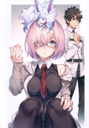 Rule 34 | 1boy, 1girl, absurdres, animal, animal on head, belt, between breasts, black-framed eyewear, black hair, black pants, black pantyhose, blue eyes, blush, breast pocket, breasts, closed mouth, command spell, creature, fate/grand order, fate (series), fingernails, fou (fate), fujimaru ritsuka (male), glasses, gradient background, hair over one eye, hand on own knee, hand up, highres, jacket, kat (bu-kunn), long sleeves, looking at viewer, looking up, mash kyrielight, medium breasts, necktie, off shoulder, on head, open clothes, open jacket, pants, pantyhose, parted lips, pink hair, pocket, purple eyes, red neckwear, scan, shiny clothes, short hair, simple background, sleeves past wrists, tattoo, uniform