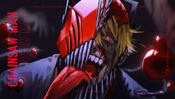 Rule 34 | 1girl, artist name, bleeding, bleeding from forehead, blonde hair, blood, blood on face, blood splatter, chainsaw, chainsaw man, denji (chainsaw man), femmerquq, formal, glowing, glowing eyes, highres, open mouth, sharp teeth, solo, suit, teeth, tongue, tongue out, yellow eyes
