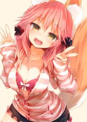 Rule 34 | 10s, 1girl, :d, absurdres, animal ears, bikini, bikini top only, breasts, cleavage, double v, fate/extra, fate (series), fox ears, fox tail, highres, hood, hoodie, jacket, jewelry, jpeg artifacts, necklace, official alternate costume, open mouth, pink hair, shorts, smile, solo, sune (mugendai), suneo, swimsuit, tail, tamamo no mae (fate/extra), tamamo no mae (spring casual) (fate), v, yellow eyes, zipper