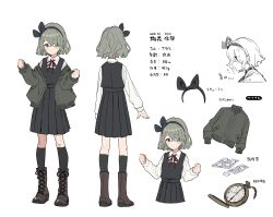 Rule 34 | 1girl, black skirt, black socks, black vest, blush, boots, bow hairband, brown footwear, closed mouth, collared shirt, commentary, english commentary, green hair, green jacket, hair over one eye, hairband, highres, jacket, kneehighs, long sleeves, looking at viewer, looking away, multiple views, neck ribbon, off shoulder, open clothes, open jacket, original, pill, pleated skirt, pocket watch, purple eyes, red ribbon, ribbon, shirt, short hair, skirt, socks, tetori rina, translation request, vest, watch, white background