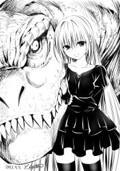 Rule 34 | 1girl, 2021, artist name, black cat (series), black dress, black thighhighs, commentary request, dated, dinosaur, dress, eve (black cat), greyscale, happy, long hair, looking at viewer, monochrome, official art, puffy sleeves, signature, size difference, sketch, smile, solo, standing, thighhighs, thighs, tyrannosaurus rex, very long hair, yabuki kentarou