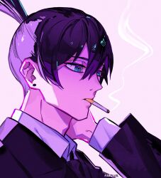 Rule 34 | 1boy, 1other, black hair, black jacket, black necktie, blue eyes, chainsaw man, cigarette, collared shirt, earrings, formal, hand on another&#039;s face, hayakawa aki, highres, jacket, jewelry, looking at another, looking to the side, male focus, necktie, par0llel, pink background, purple theme, shirt, short hair, simple background, smoke, smoking, solo focus, stud earrings, suit, suit jacket, topknot, white shirt