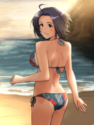 Rule 34 | 1girl, ahoge, annko, arm at side, armpits, ass, back, back-tie bikini, beach, bikini, blue hair, breasts, clenched hand, clenched teeth, day, female focus, floral print, from behind, hand up, happy, highres, idolmaster, idolmaster (classic), large breasts, legs, legs together, looking at viewer, looking back, medium hair, midriff, miura azusa, namco, neck, ocean, outdoors, parted bangs, parted lips, print bikini, purple eyes, shoulder blades, side-tie bikini bottom, sideboob, sidelocks, sky, smile, standing, summer, swimsuit, teeth, thighs, turning head, wind