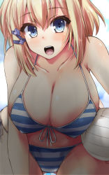 Rule 34 | 10s, 1girl, ball, bikini, blonde hair, blue eyes, blush, breasts, cleavage, covered erect nipples, curvy, eyes visible through hair, front-tie bikini top, front-tie top, hair ribbon, highres, holding, holding ball, large breasts, looking at viewer, navel, open mouth, ribbon, rokudenashi majutsu koushi to akashic record, rumia tingel, shinshin, smile, solo, striped bikini, striped clothes, swimsuit, thick thighs, thighs, tress ribbon, volleyball (object), wide hips