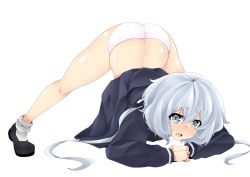 Rule 34 | 1girl, arm rest, ass, black footwear, black sailor collar, blue eyes, butt crack, dress, flexible, full body, hair between eyes, hands on ground, jack-o&#039; challenge, konno junko, loafers, looking at viewer, low twintails, ma-yu, meme, open mouth, panties, sailor collar, sailor dress, shiny skin, shoes, short hair, simple background, socks, solo, spread legs, stretching, top-down bottom-up, twintails, underwear, uniform, white background, white hair, white panties, wide spread legs, zombie land saga