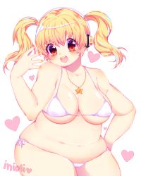 Rule 34 | 1girl, :d, artist name, bad id, bad pixiv id, belly, bikini, blonde hair, blush, breasts, cleavage, cowboy shot, fat, fat rolls, headphones, heart, heart background, huge breasts, inioli, jewelry, looking at viewer, nail polish, navel, necklace, nitroplus, open mouth, orange eyes, short twintails, side-tie bikini bottom, smile, solo, star (symbol), star necklace, super pochaco, swimsuit, thick thighs, thighs, twintails, yellow nails