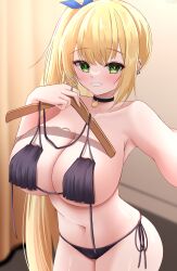 Rule 34 | 1girl, absurdres, balut (7676i), bikini, black bikini, black choker, blonde hair, blurry, blurry background, breasts, changing room, choker, cleavage, collarbone, commentary request, commission, curtains, earrings, green eyes, grin, hair ribbon, highres, holding, holding clothes hanger, indoors, jewelry, large breasts, long hair, looking at viewer, navel, original, ribbon, side-tie bikini bottom, side ponytail, sidelocks, skeb commission, smile, solo, swimsuit, very long hair