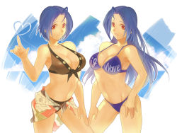 10s 2girls ahoge bikini blue_hair breasts cleavage dedede dual_persona front-tie_bikini_top front-tie_top idolmaster idolmaster_(classic) idolmaster_2 large_breasts long_hair miura_azusa multiple_girls navel o-ring o-ring_top red_eyes sarong short_hair swimsuit