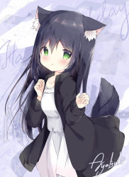 Rule 34 | 1girl, :o, akatsuki (ytkg5558), animal ear fluff, animal ears, black hair, black jacket, blush, commentary request, dog ears, dog girl, dog tail, dress, green eyes, hair between eyes, hands up, highres, jacket, long hair, long sleeves, looking at viewer, open clothes, open jacket, original, parted lips, signature, solo, tail, very long hair, white dress