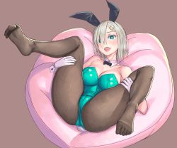 Rule 34 | 10s, 1girl, alternate costume, animal ears, black pantyhose, blue eyes, breasts, cleavage, detached collar, eyes visible through hair, fake animal ears, gloves, green leotard, hair ornament, hair over one eye, hairclip, hamakaze (kancolle), heart, heart-shaped pupils, holding legs, kantai collection, large breasts, legs up, leotard, looking at viewer, lying, on back, open mouth, pantyhose, playboy bunny, rabbit ears, rabbit tail, short hair, silver hair, solo, spread legs, symbol-shaped pupils, tail, toe scrunch, toes, white gloves, wrist cuffs, yuuji (and)